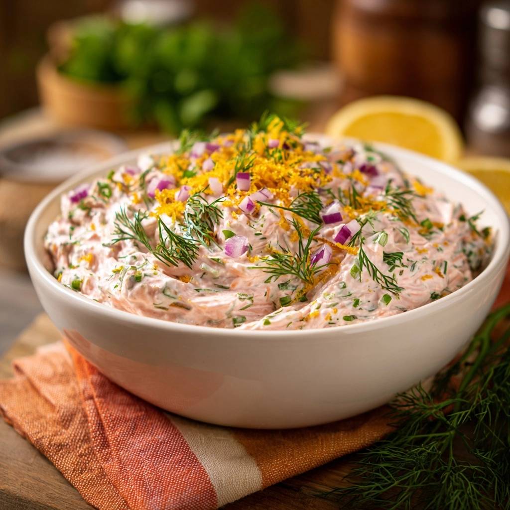 Cremiger Dill-Lachssalat garniert mit roten Zwiebeln, Dill und Zitronenzesten in einer weißen Schüssel.