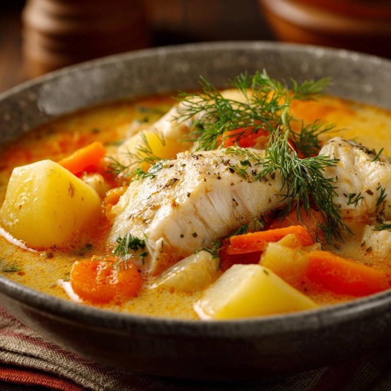 Cremiger Dillfisch-Eintopf mit zarten Fischstücken, Kartoffeln und Karotten, garniert mit Dill.