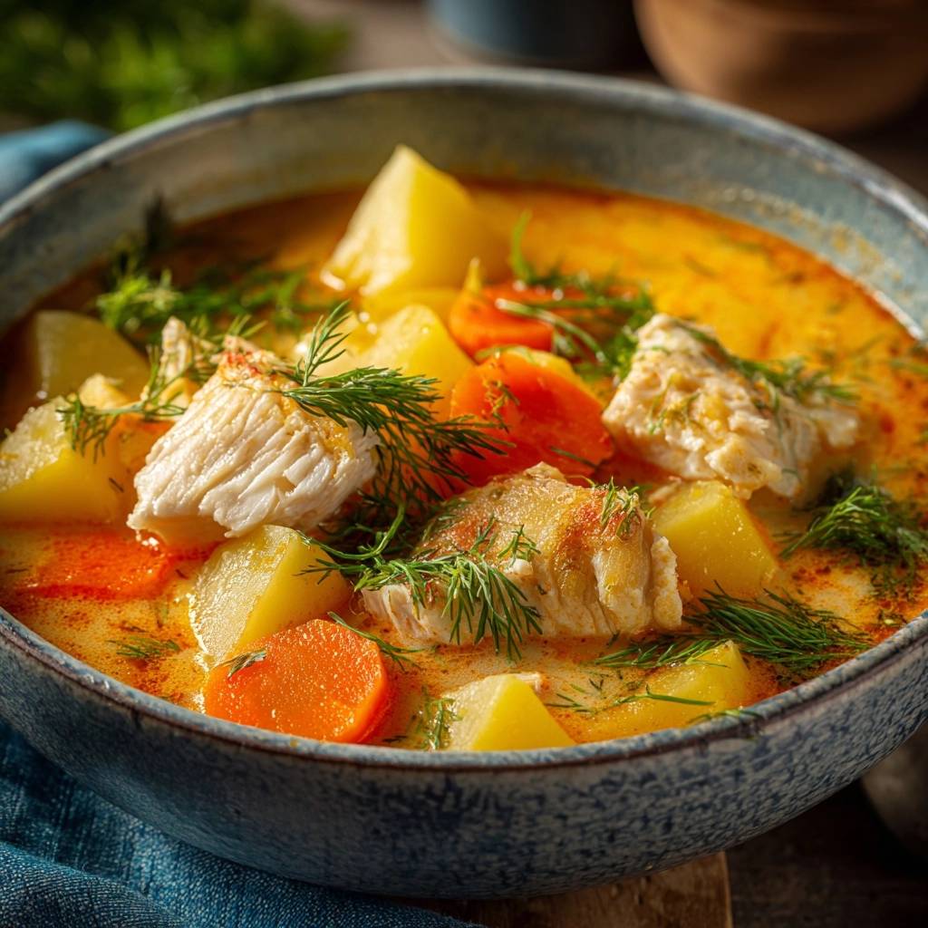 Cremiger Dillfisch Eintopf Nahaufnahme Mit Fischstcken 1 Cremiger Dillfisch-Eintopf mit zarten Fischstücken, Kartoffeln und Karotten in einer Schüssel, garniert mit Dill.