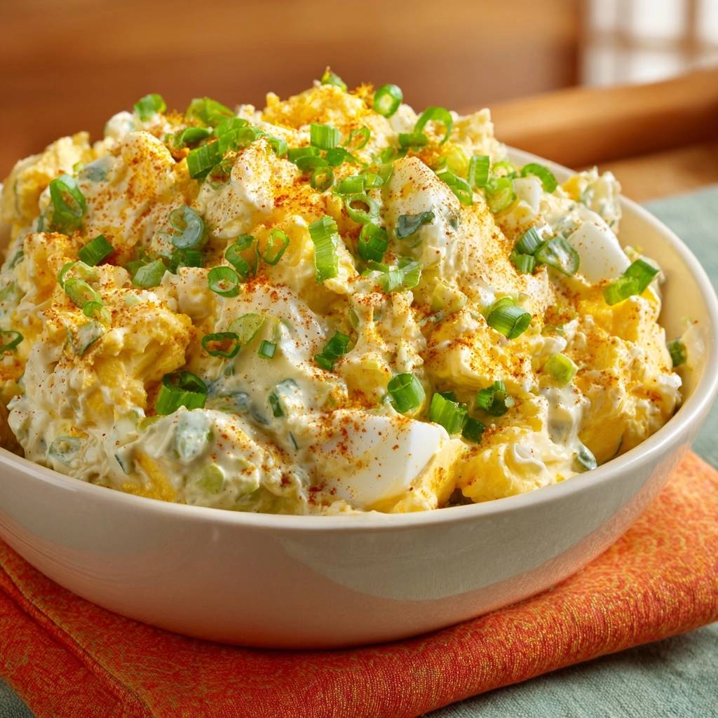 Cremiger Kartoffelsalat mit Ei und Frühlingszwiebeln, garniert mit Paprikapulver und frischen Frühlingszwiebeln, in einer Schüssel serviert.