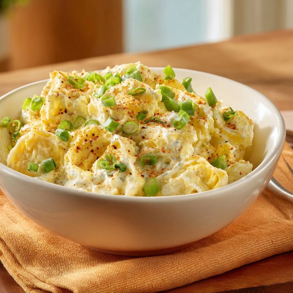 Cremiger Kartoffelsalat mit Ei und Frühlingszwiebeln, garniert mit Paprikapulver und frischen Frühlingszwiebeln in einer Schüssel.