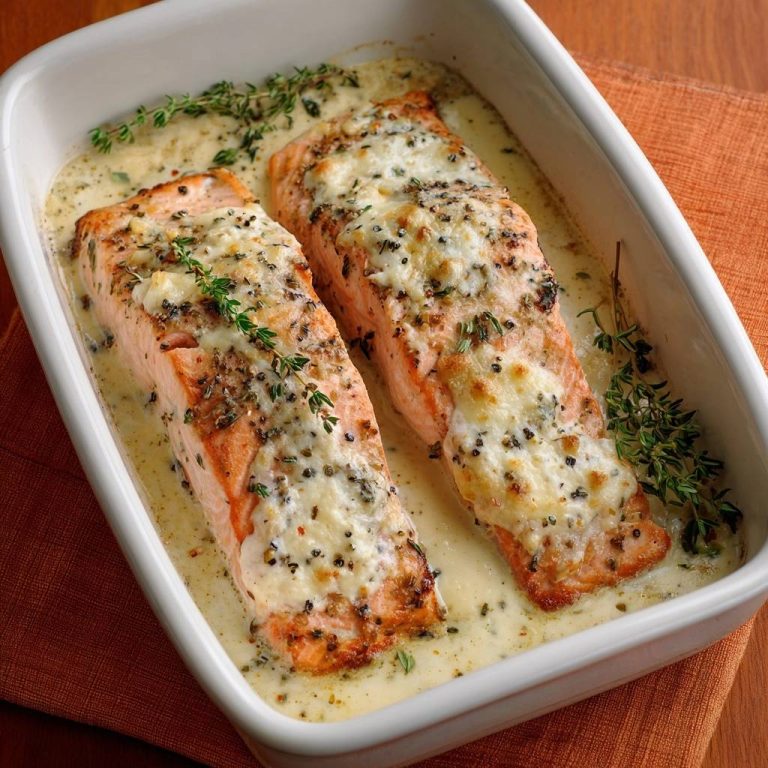 Cremiger Ofenlachs mit Feta-Thymian-Kruste, mit geschmolzenem Käse und frischen Kräutern, in einer Auflaufform serviert.