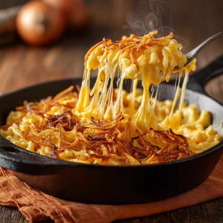 Cremiger Pfannen-Mac-and-Cheese mit knusprigen Zwiebeln, mit einem Löffel herausgezogen, wobei der geschmolzene Käse Fäden zieht.