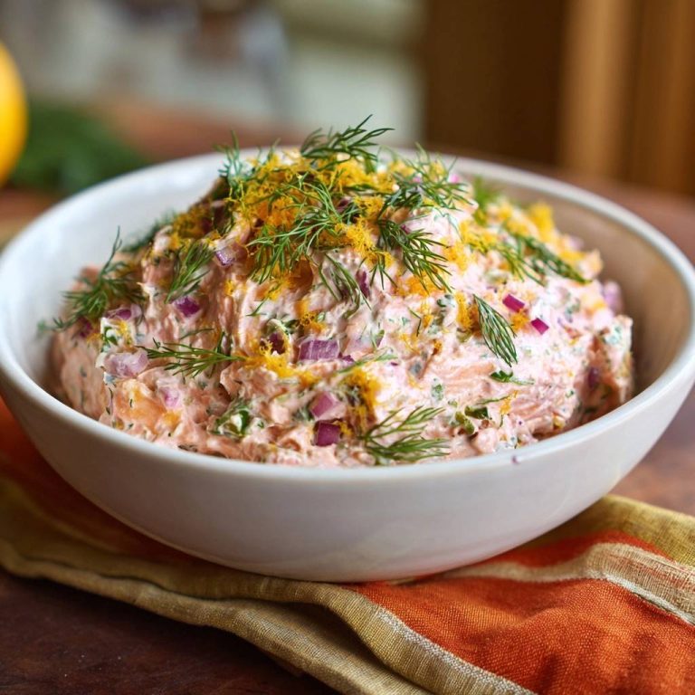 Cremiger Räucherlachs-Dip mit Dill & Zitrone, garniert mit frischen Dillzweigen und Zitronenschale in einer weißen Schüssel.