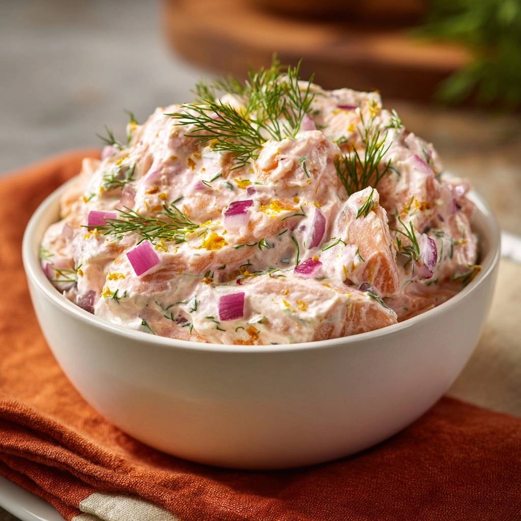 Cremiger Raeucherlachs Dip Nahaufnahme Garniert 1 Cremiger Räucherlachs-Dip mit Dill & Zitrone als Nahaufnahme, mit frischem Dill und roten Zwiebeln garniert.