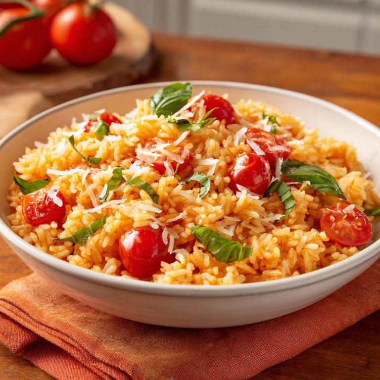 Cremiger Tomatenreis mit Basilikum und Parmesan, eine Nahaufnahme, garniert mit frischen Basilikumblättern und geriebenem Parmesan.