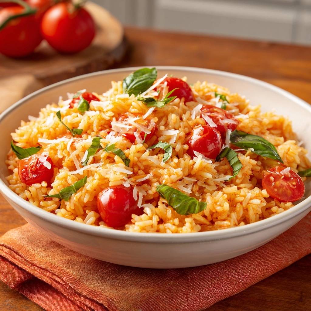 Cremiger Tomatenreis mit Basilikum und Parmesan, eine Nahaufnahme, garniert mit frischen Basilikumblättern und geriebenem Parmesan.
