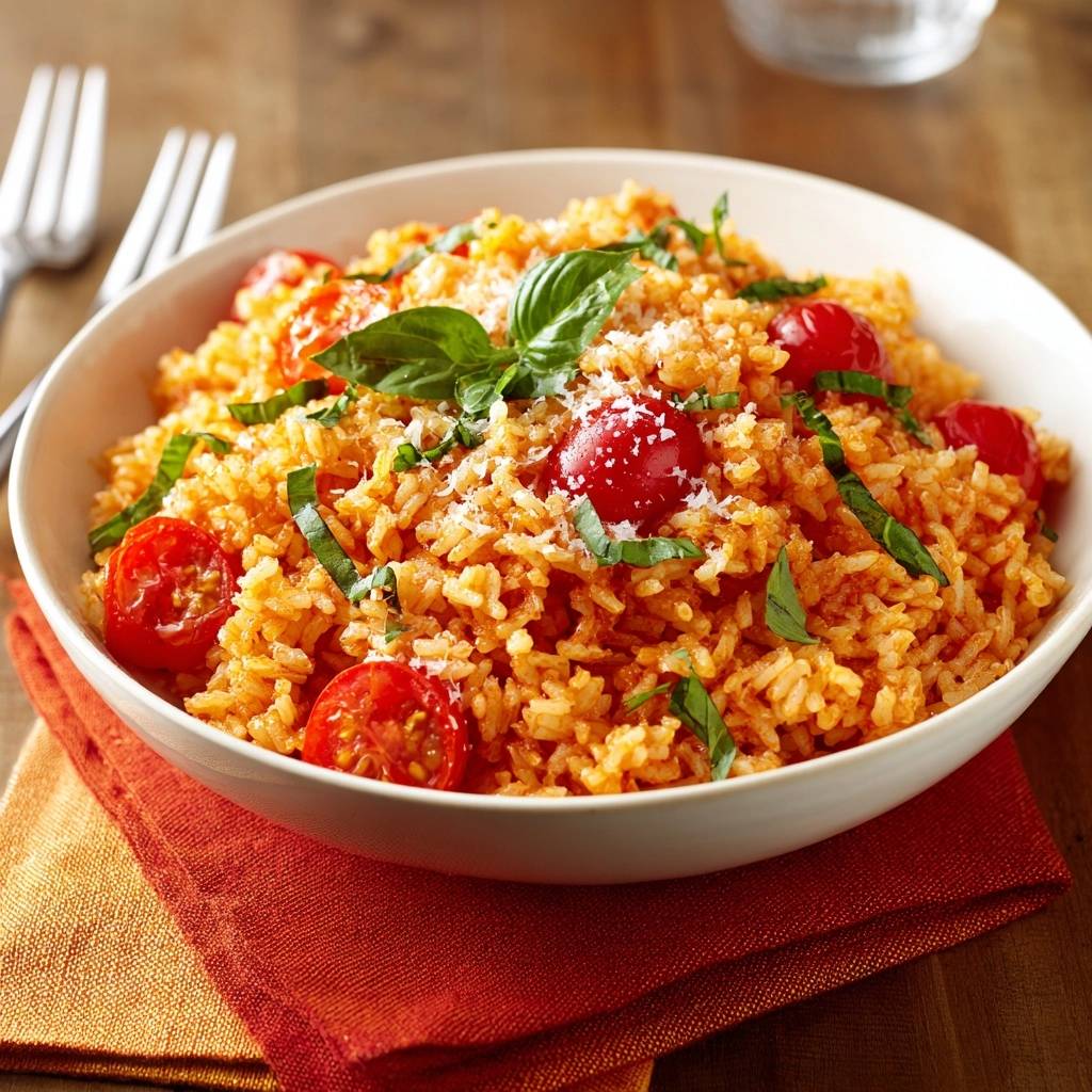 Cremiger Tomatenreis Nahaufnahme Garniert 1 Cremiger Tomatenreis mit Basilikum und Parmesan, nahaufnahme von der Garnitur mit frischen Kirschtomaten und Kräutern.