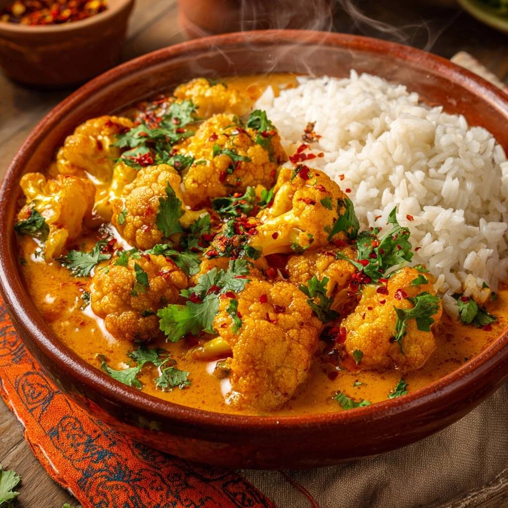 Cremiges Blumenkohl-Curry mit Reis, garniert mit frischer Petersilie und Chiliflocken in einer braunen Schüssel.