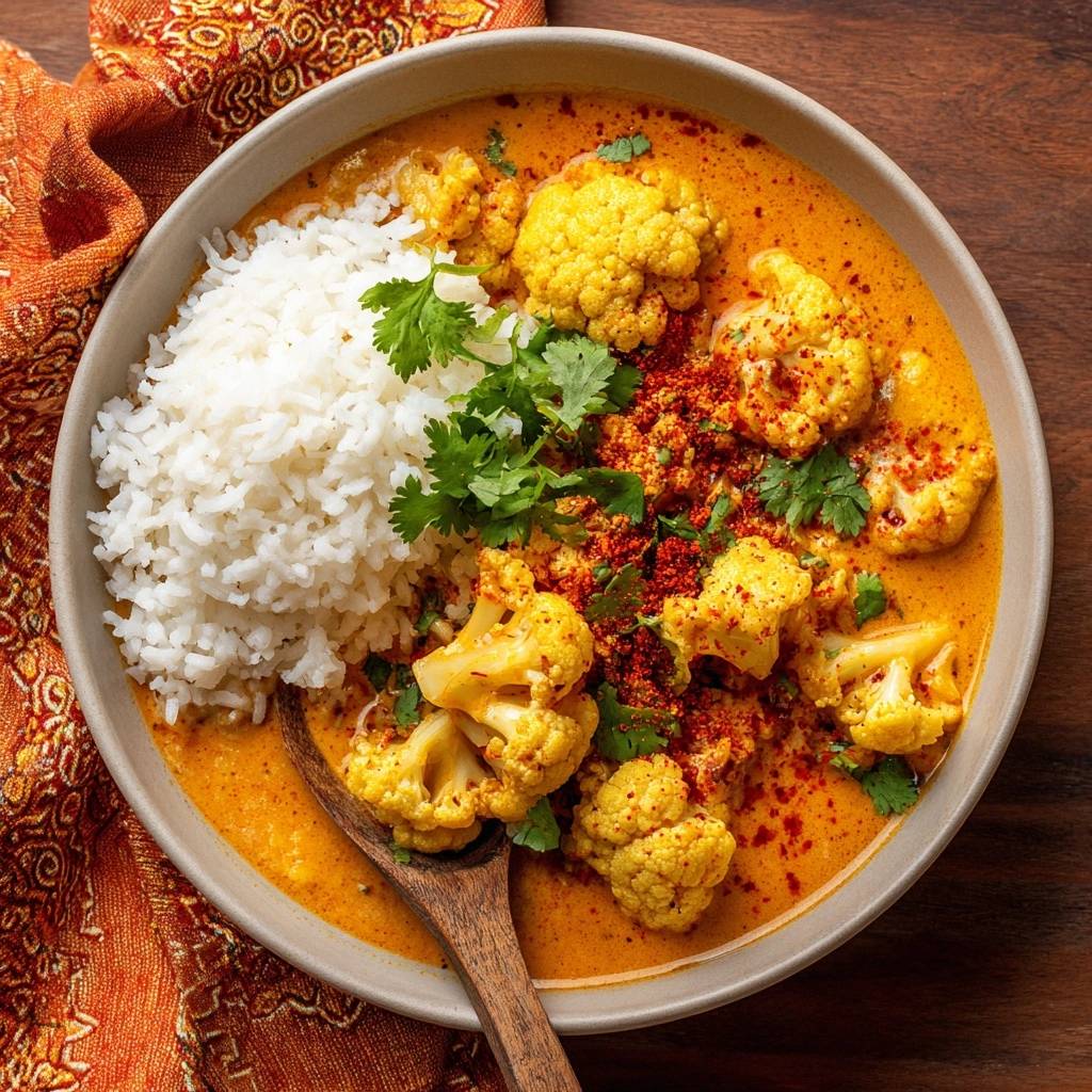Cremiges Blumenkohl Curry Mit Reis Garniert 1 Cremiges Blumenkohl-Curry mit Reis, serviert in einer Schüssel und garniert mit Koriander und Paprikapulver.