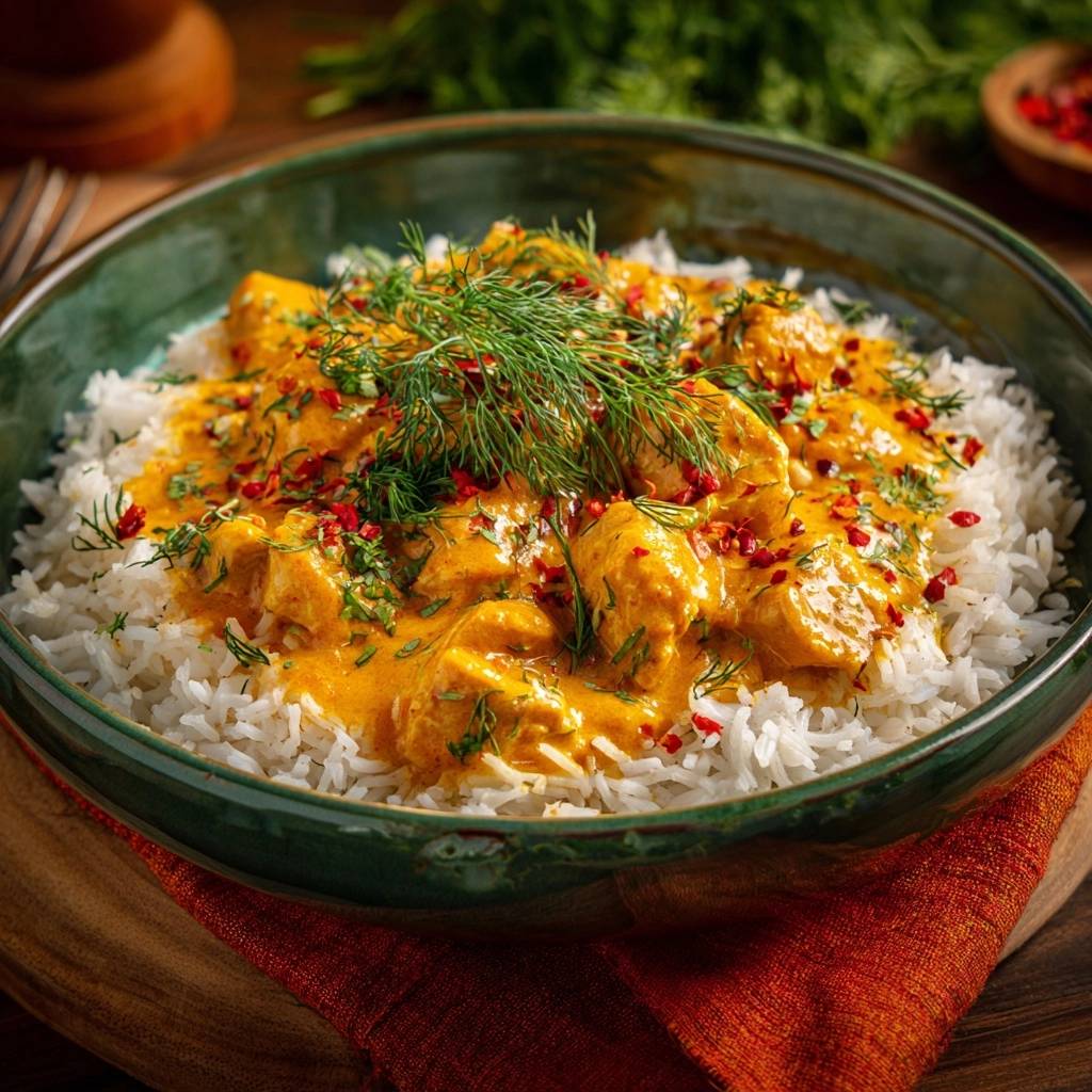Cremiges Hühner-Dill-Curry mit Reis, garniert mit frischem Dill und roten Chiliflocken, aus der Nähe betrachtet.