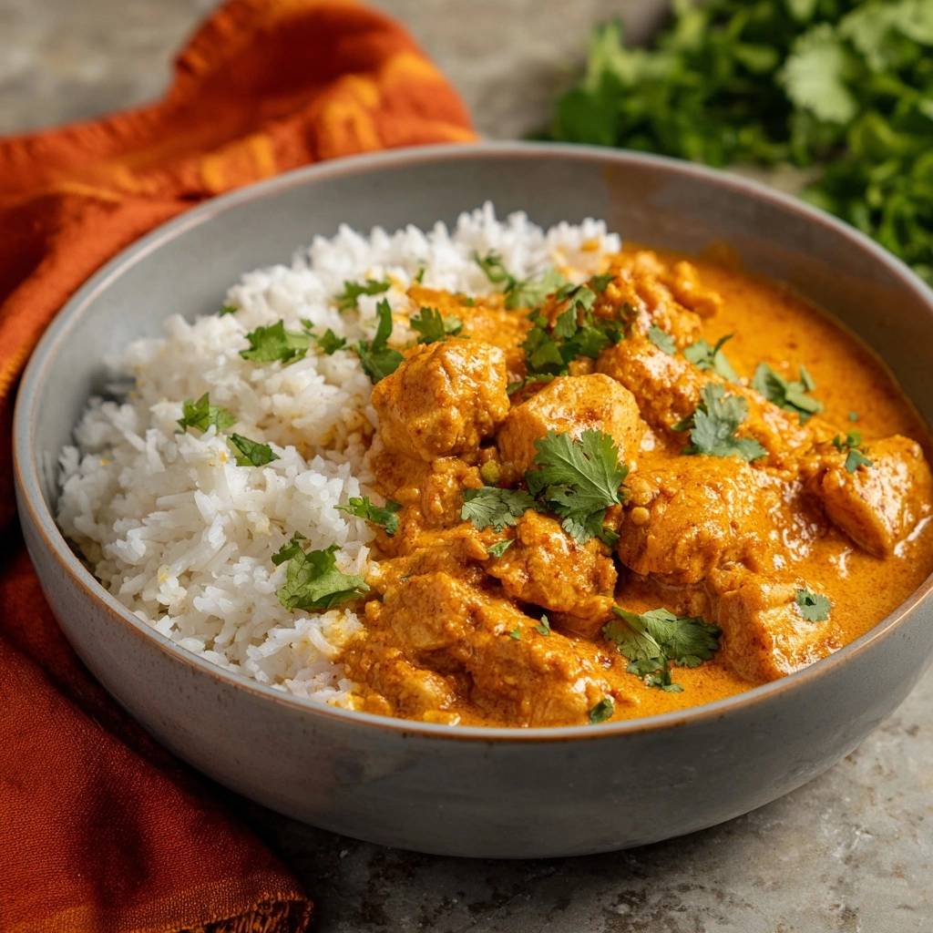 Cremiges Huhn Paprika Curry Detail Garniert 1 Cremiges Hähnchen-Paprika-Curry mit Reis, serviert in einer Schüssel und garniert mit frischen Kräutern.