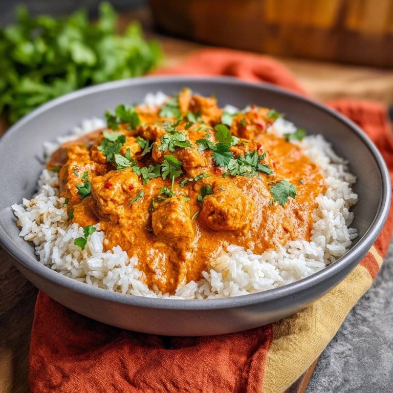 Cremiges Hähnchen-Paprika-Curry mit Reis, garniert mit frischer Petersilie und serviert in einer grauen Schüssel.