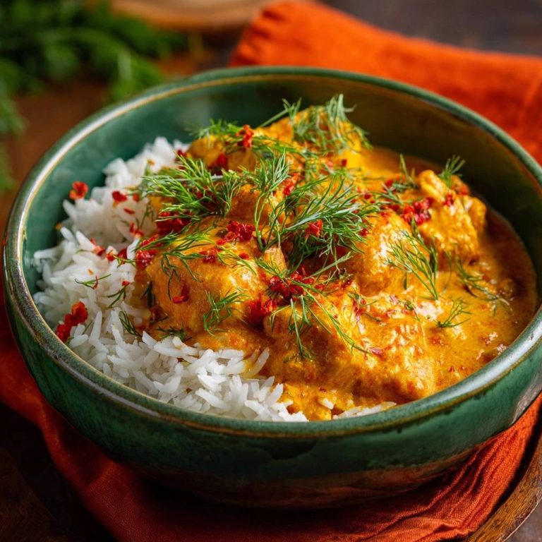 Cremiges Hühner-Dill-Curry mit Reis, garniert mit Dill und roten Chiliflocken in einer grünen Schüssel