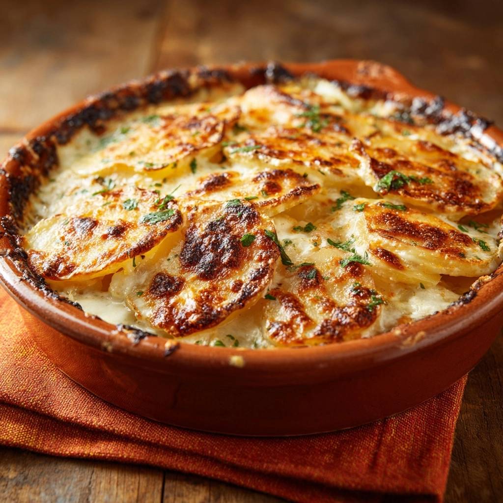 Cremiges Kartoffelgratin mit goldbrauner Kruste und frischer Petersilie, serviert in einer Terracotta-Auflaufform.