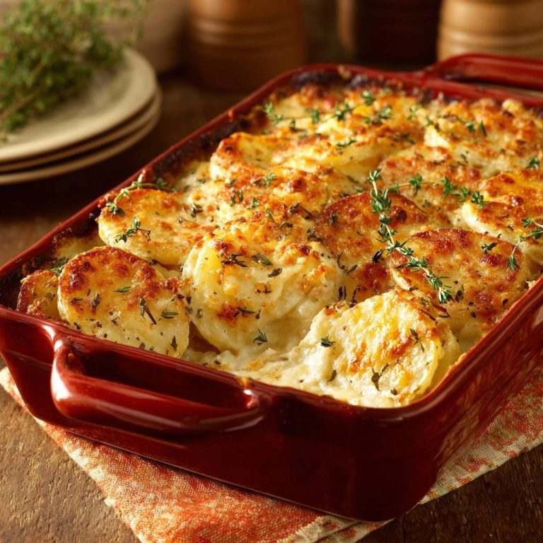 Cremiges Kartoffelgratin mit Thymian, nahaufnahme des gebackenen Gratins mit goldbraun überbackenen Kartoffelscheiben und frischem Thymian.