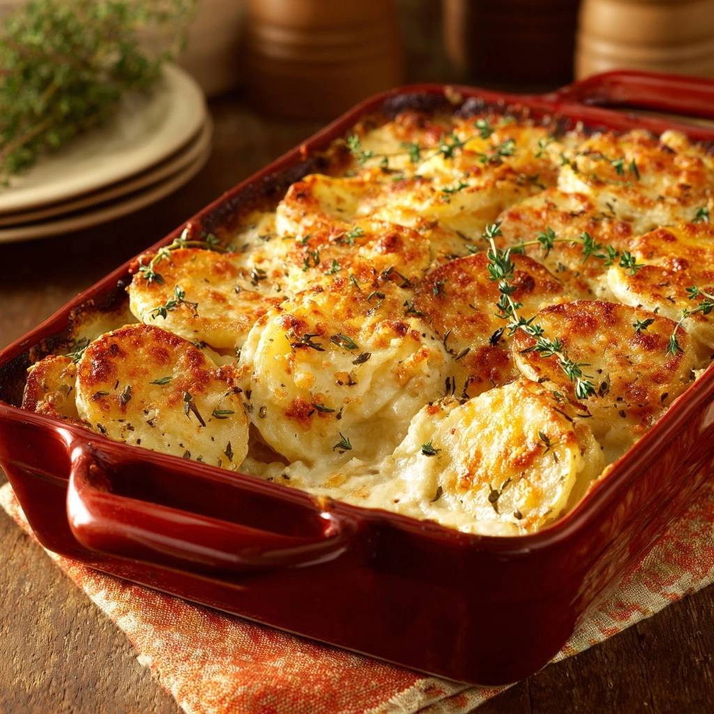 Cremiges Kartoffelgratin mit Thymian, nahaufnahme des gebackenen Gratins mit goldbraun überbackenen Kartoffelscheiben und frischem Thymian.