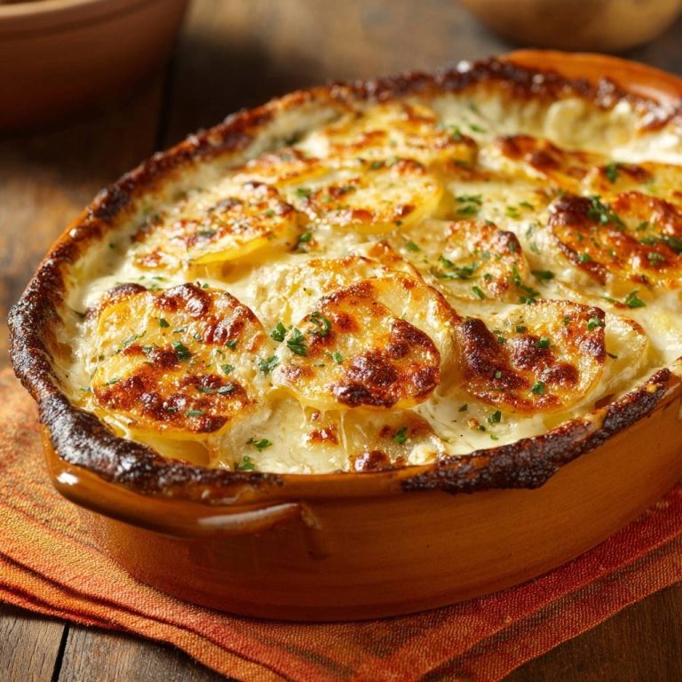 Cremiges Kartoffelgratin nahaufnahme, goldbraun überbackene Kartoffelscheiben mit Petersilie garniert in einer Auflaufform.
