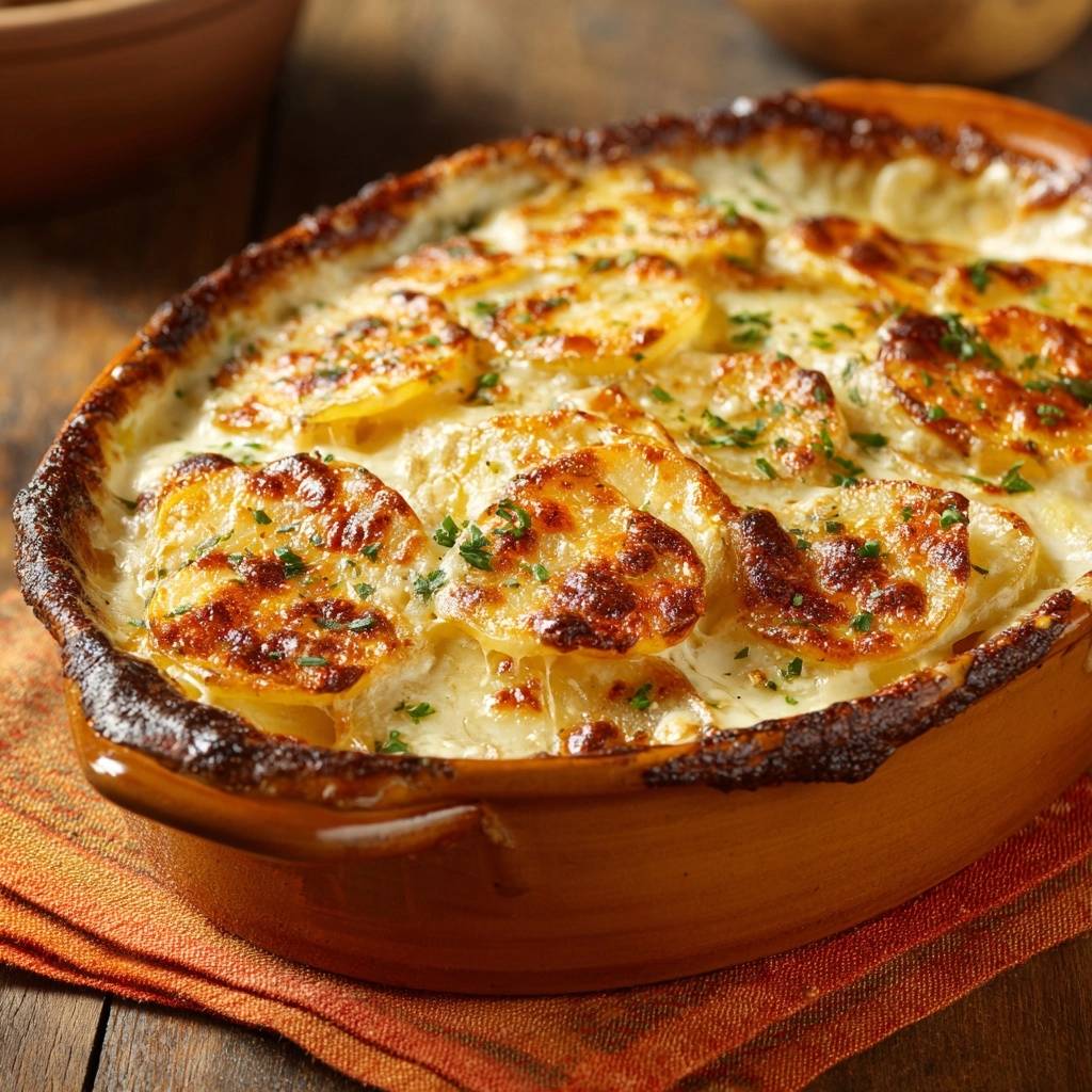 Cremiges Kartoffelgratin nahaufnahme, goldbraun überbackene Kartoffelscheiben mit Petersilie garniert in einer Auflaufform.