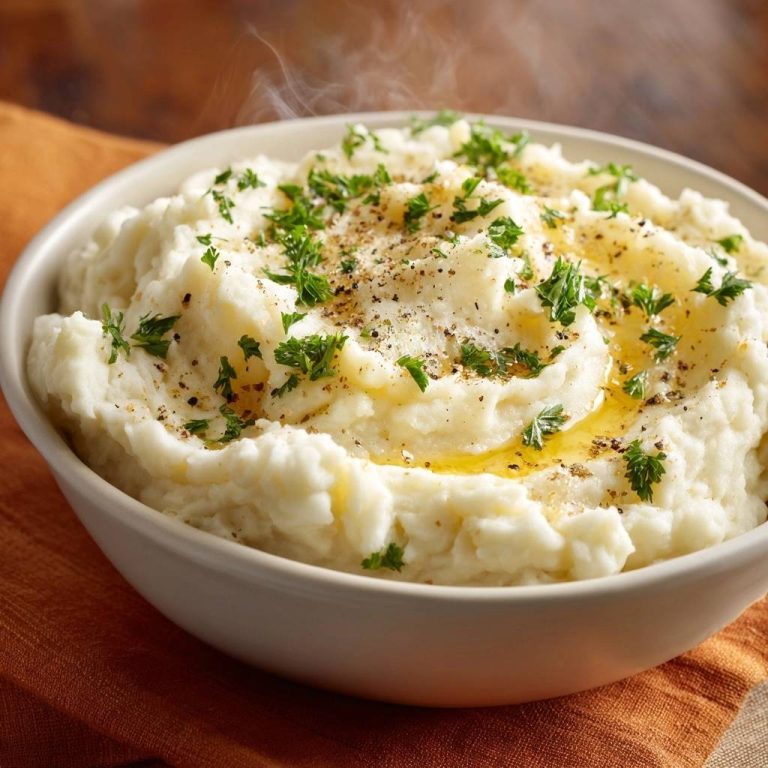 Cremiges Kartoffelpüree mit Petersilie, garniert mit Butter und Pfeffer, dampfend und nah aufgenommen.