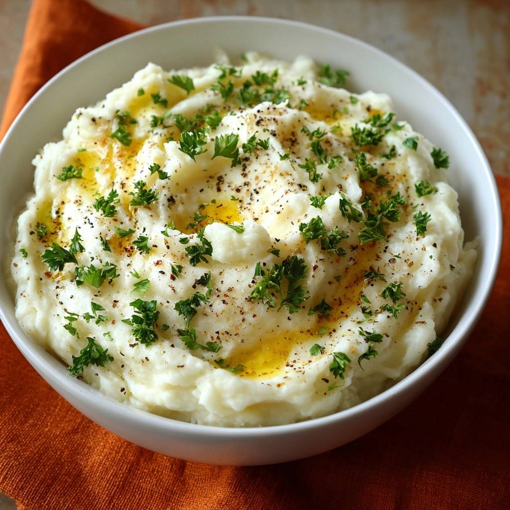 Cremiges Kartoffelpuerree Garniert 1 Cremiges Kartoffelpüree mit Petersilie, garniert mit Butterflocken und frischem Schnittlauch, aus der Nähe betrachtet.