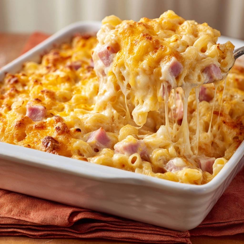 Cremiges Macaroni mit Schinken, aus dem Auflaufform geschöpft, mit langen Käsefäden.