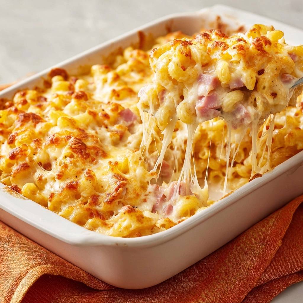 Cremiges Macaroni mit Schinken, mit einem Löffel herausgehoben, wobei lange Käsefäden sichtbar sind.