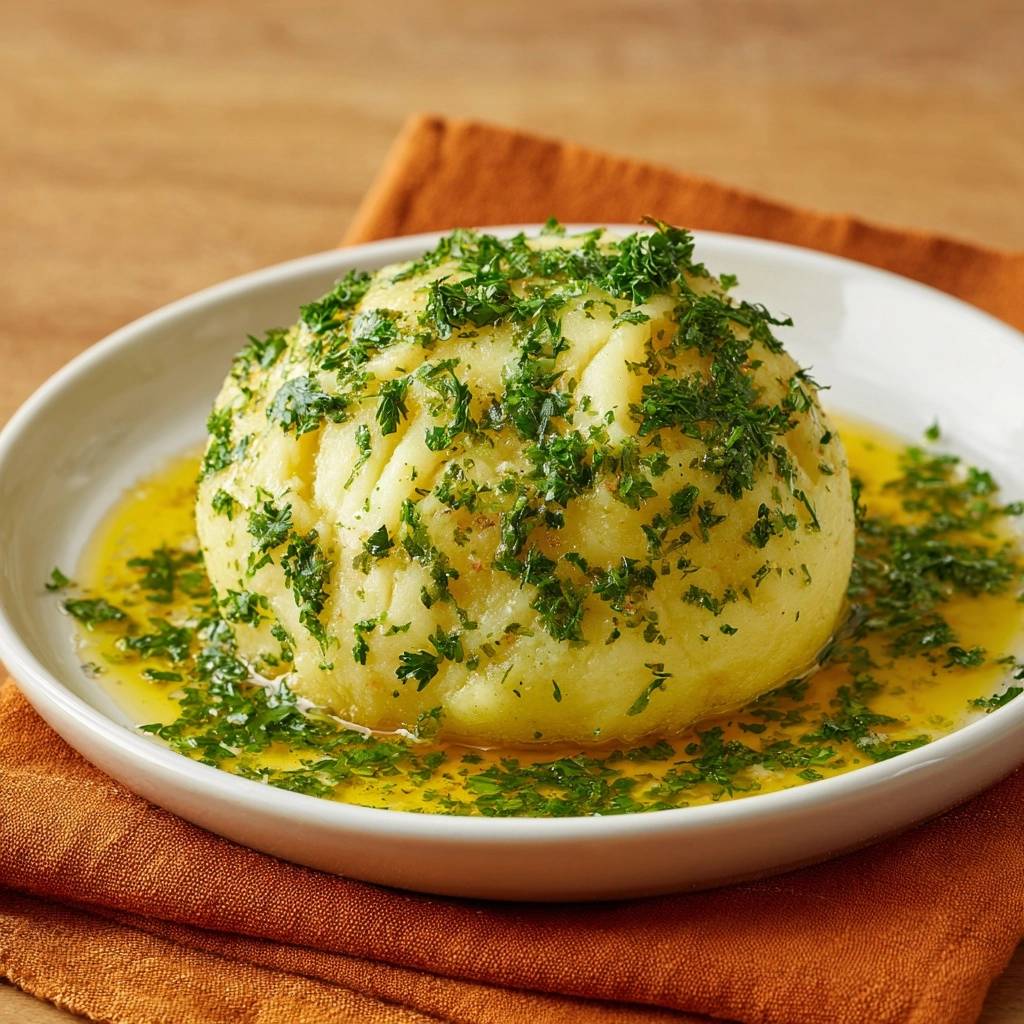 Cremiges Petersilien Kartoffelpueree Garniert 1 Cremiges Petersilien-Kartoffelpüree, garniert mit frischer Petersilie und serviert in einer Schüssel mit zerlassener Butter.