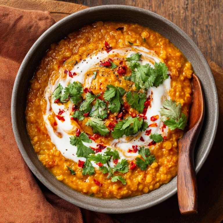 Cremiges Rotes Dal, garniert mit Kokosmilch, Koriander und Chiliflocken in einer Schale.