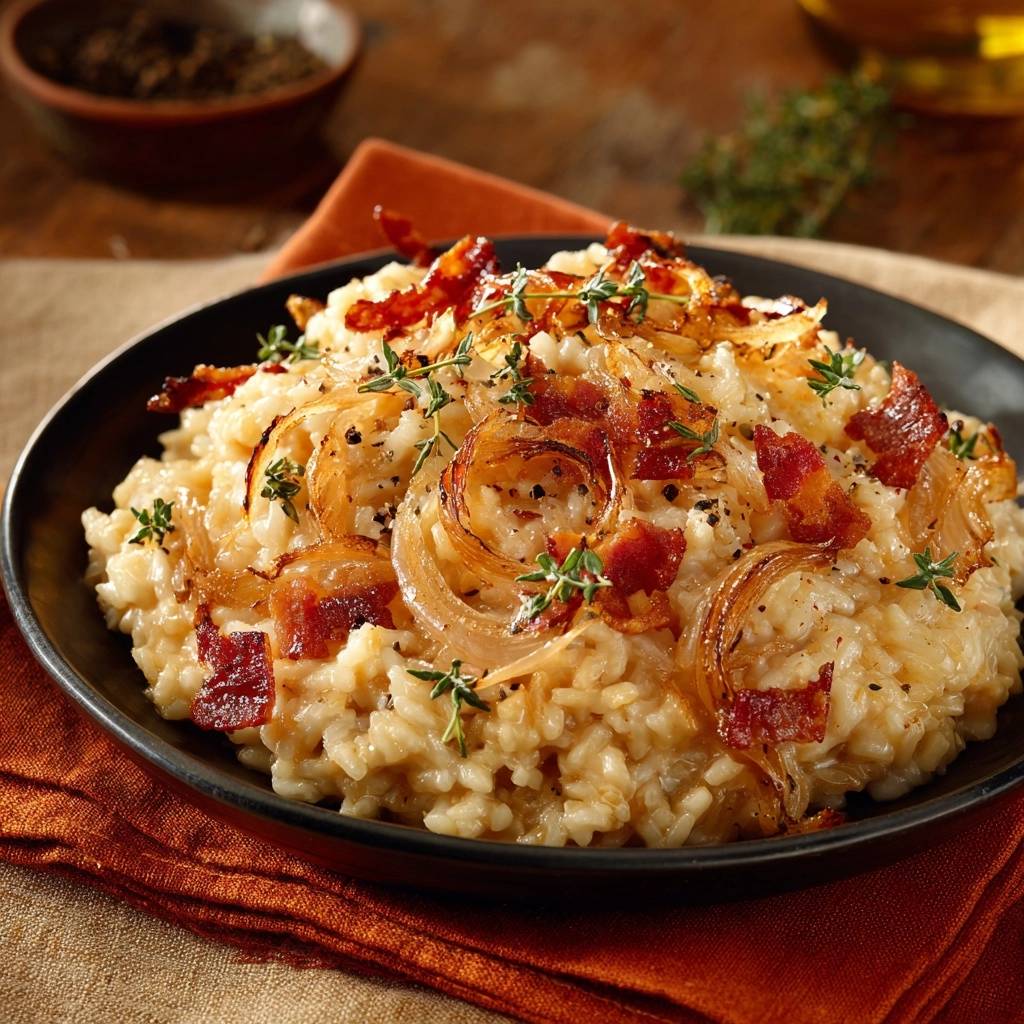 Cremiges Speck Risotto Garniert 1 Cremiges Speck-Risotto mit karamellisierten Zwiebeln, garniert mit frischen Kräutern und Speckstücken.