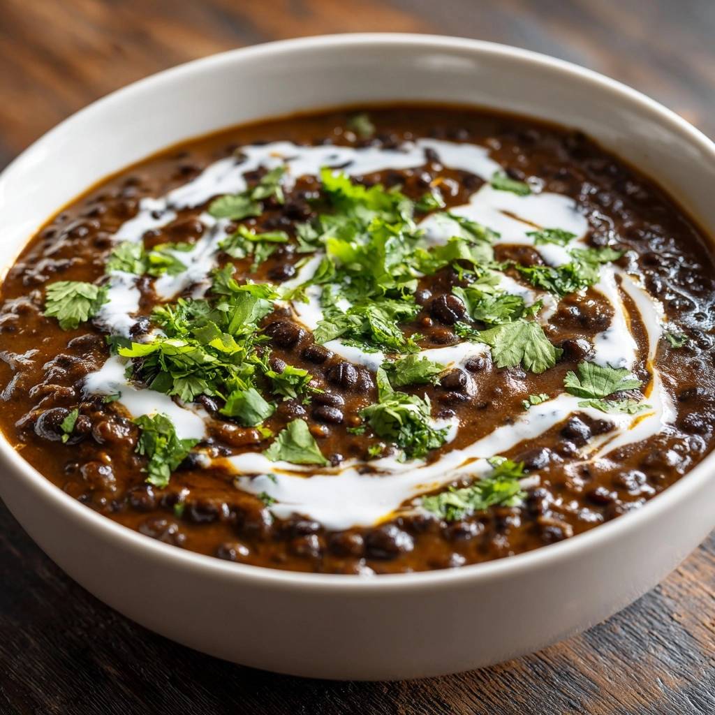 Dal Makhani mit cremigem Swirl und frischem Koriander garniert, serviert in einer Schüssel.