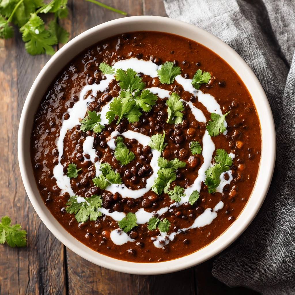 Dal Makhani garniert mit frischem Koriander und einem Swirl aus Sahne, von oben gesehen.