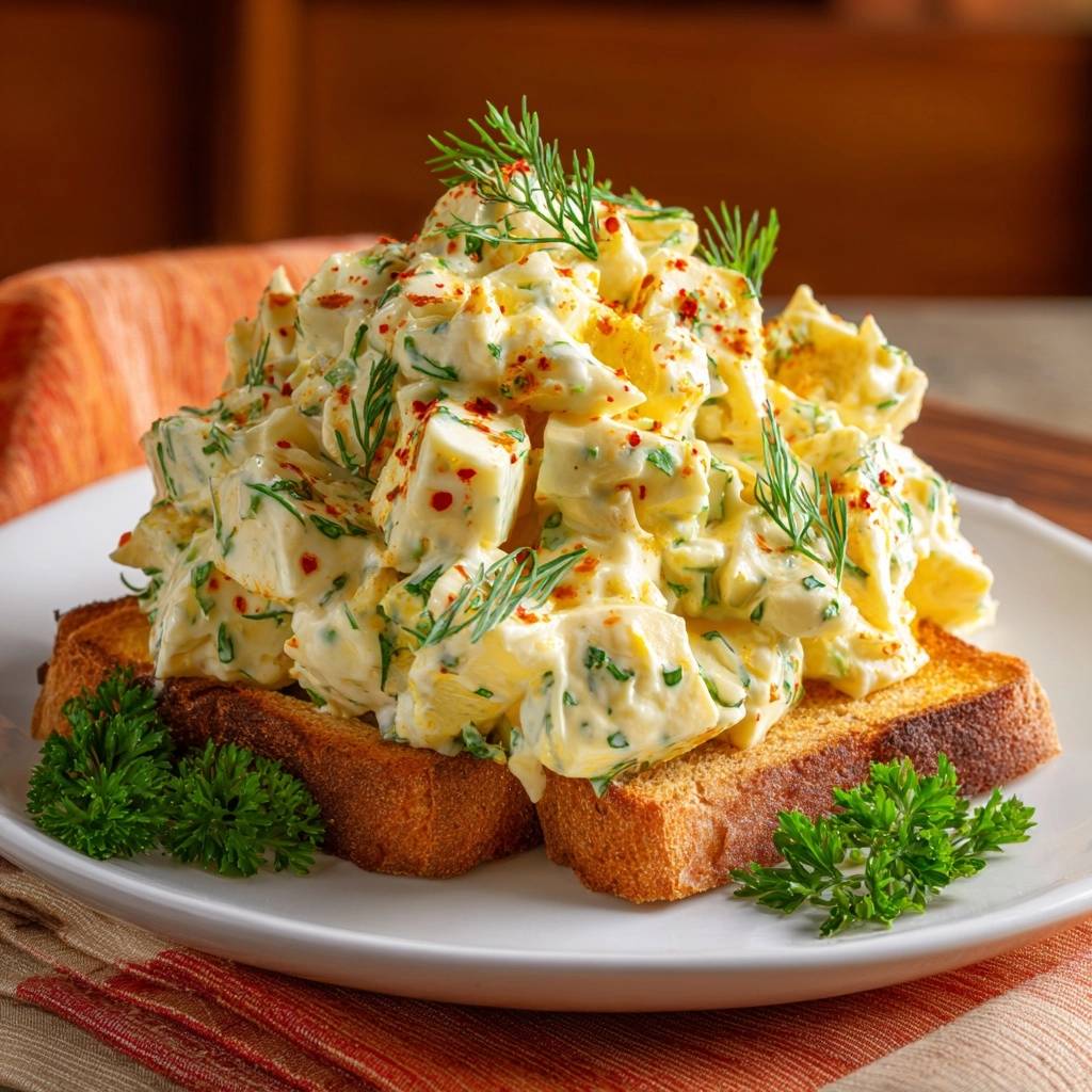 Perfekter Dill-Kartoffelsalat auf Toast, serviert auf einer weißen Platte mit frischer Petersilie und Dill garniert.