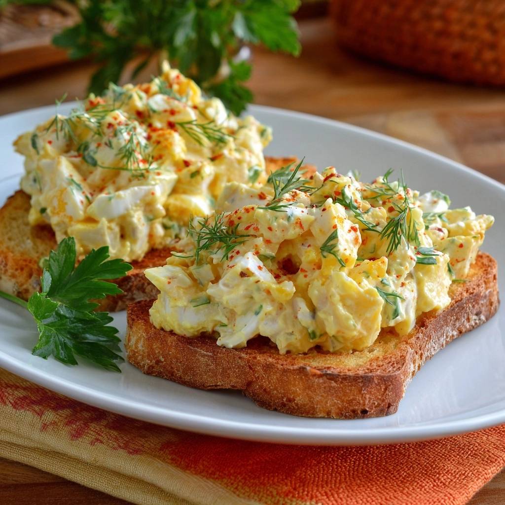 Dill Kartoffelsalat Auf Toast Serviert 1 Perfekter Dill-Kartoffelsalat auf Toast, serviert auf einer weißen Platte mit frischer Petersilie und Dill als Garnitur.