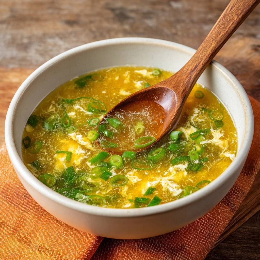 Eierblumensuppe Holzlffel Nahaufnahme 1 Eierblumensuppe mit Lauchzwiebeln und einem Holzlöffel in einer Schüssel, Nahaufnahme der Suppenoberfläche.