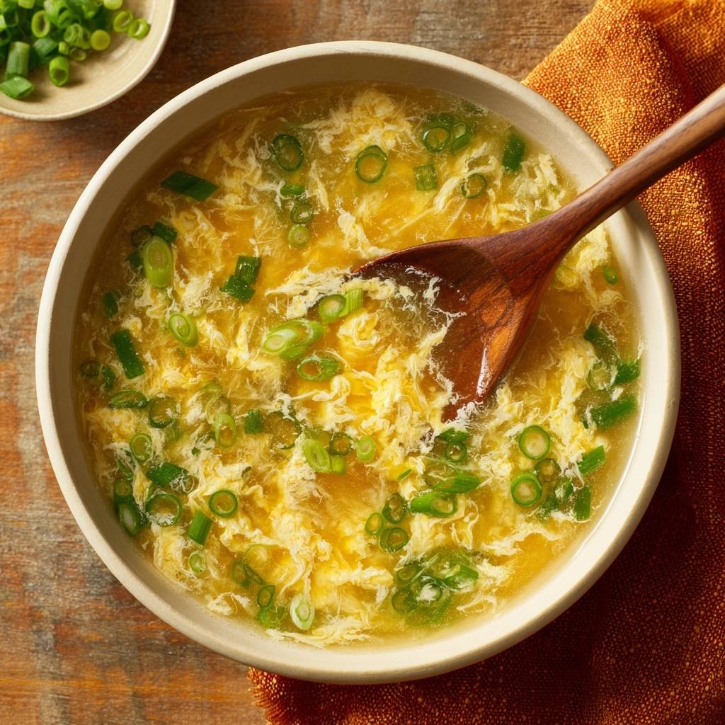 Eierblumensuppe mit Frühlingszwiebeln und einem Holzkochlöffel, Nahaufnahme der Textur.