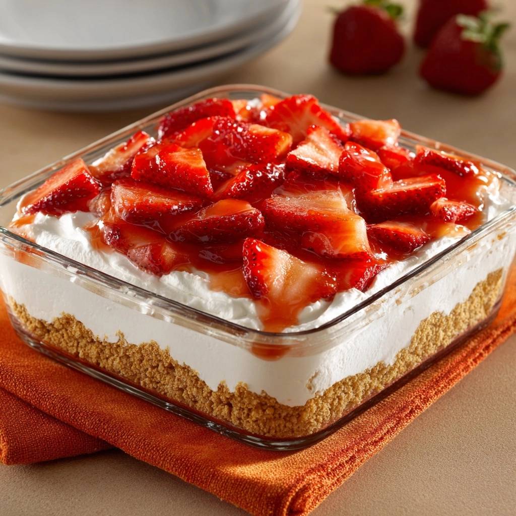 Erdbeer Creme Traum Detail Oben 1 Erdbeer-Creme-Traum mit frischen Erdbeeren und Sahne, Nahaufnahme der cremigen Schicht und Kruste von oben.