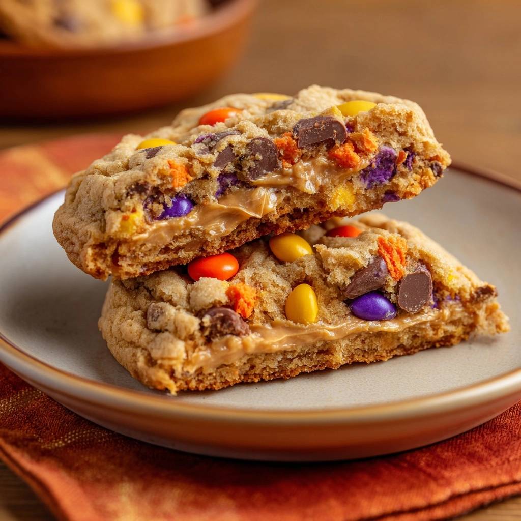 Erdnussbutter-M&Ms-Cookies angeschnitten, zeigen die cremige Füllung und die bunten M&Ms im Teig.