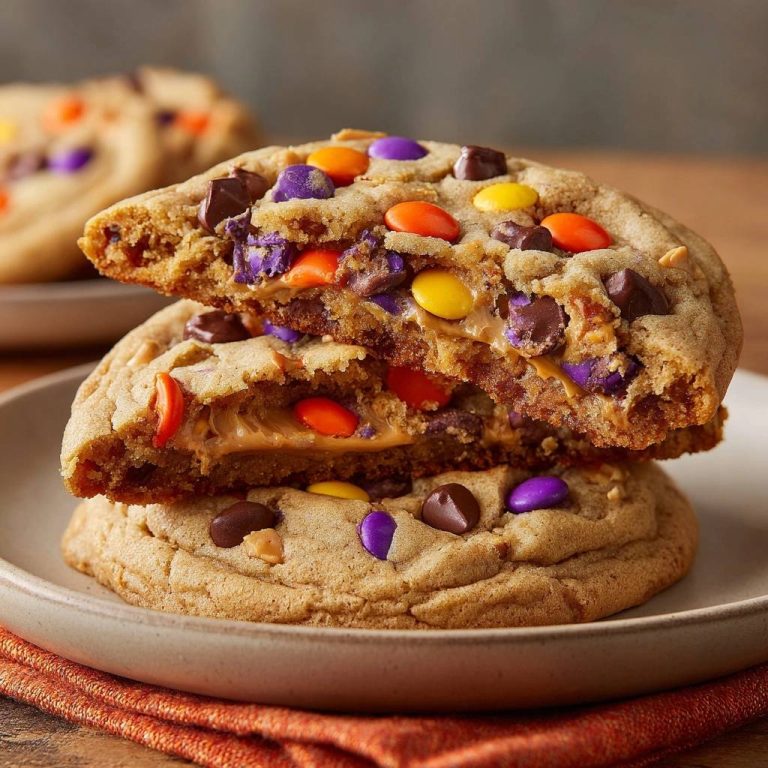 Erdnussbutter-M&Ms-Cookies angeschnitten und im Inneren mit viel Erdnussbutter und bunten M&Ms gefüllt