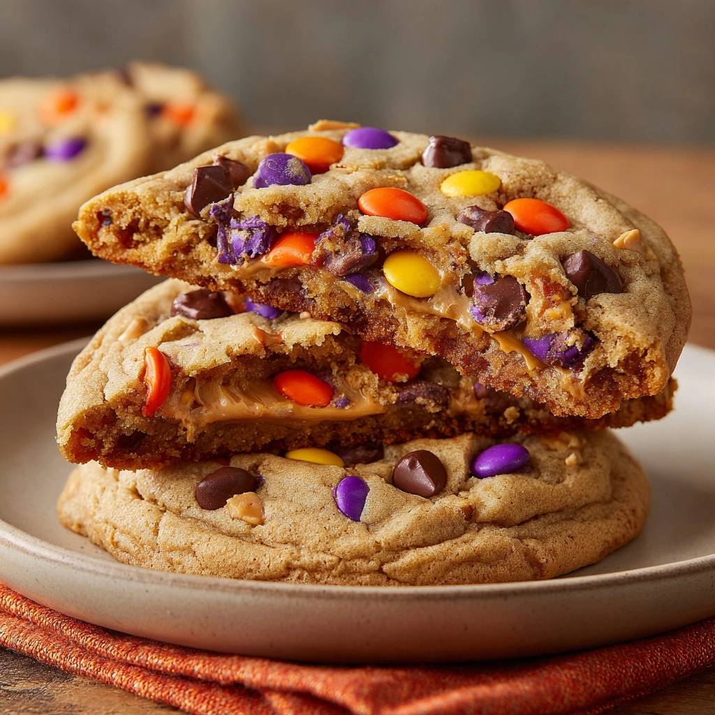Erdnussbutter-M&Ms-Cookies angeschnitten und im Inneren mit viel Erdnussbutter und bunten M&Ms gefüllt