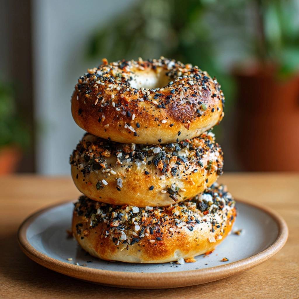 Everything Bagels, gestapelt auf einem Teller, mit einer knusprigen Kruste und vielen Samenbelag.