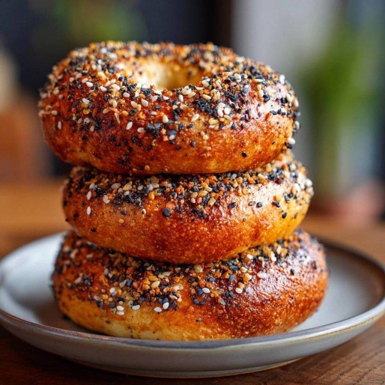 Everything Bagels mit knuspriger Kruste, gestapelt auf einem Teller in Nahaufnahme.