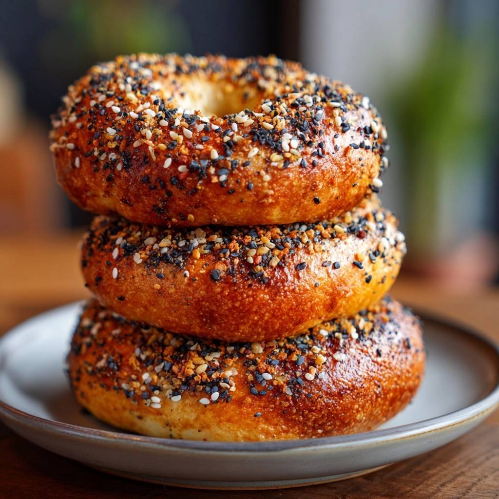 Everything Bagels mit knuspriger Kruste, gestapelt auf einem Teller in Nahaufnahme.
