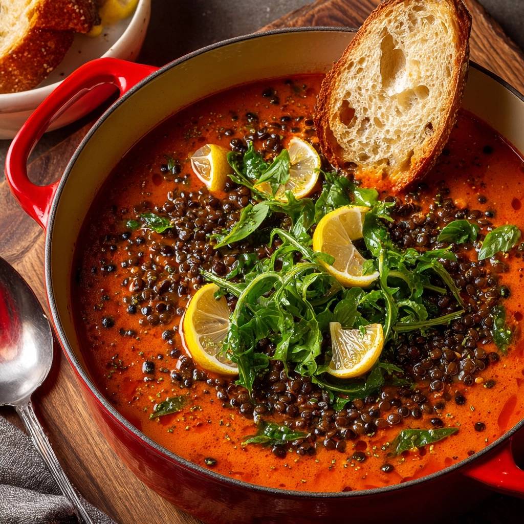 Feurige Tomaten-Linsen-Suppe mit Zitrone & Rucola, nahaufnahme der garnierten Suppe mit Brot und Zitrone