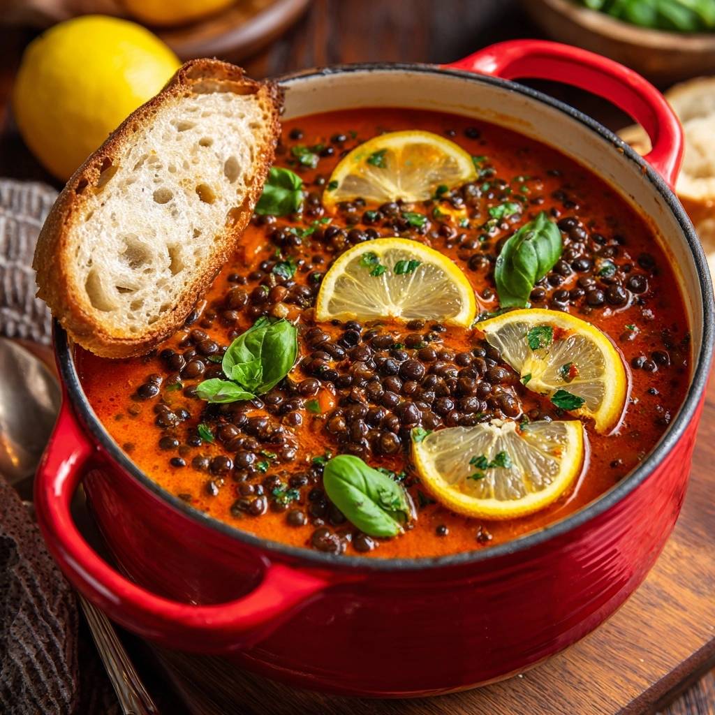Feurige Tomaten-Linsen-Suppe mit Zitrone und Rucola, garniert mit frischen Kräutern und Brot in einem roten Topf.