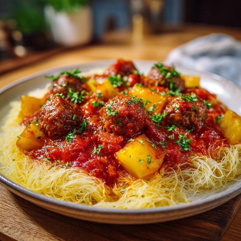 Saftige Fleischbällchen in Tomatensoße mit Pasta, nah aufgenommen auf einem Teller mit frischer Petersilie garniert.