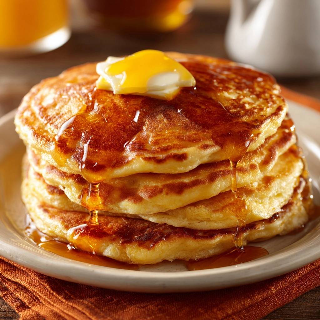 Fluffige Amerikanische Pancakes Mit Butter Und Sirup 1 2 Fluffige amerikanische Pancakes mit geschmolzener Butter und Sirup, nahaufnahme eines Stapels mit honigfarbenem Sirup, der herabtropft.