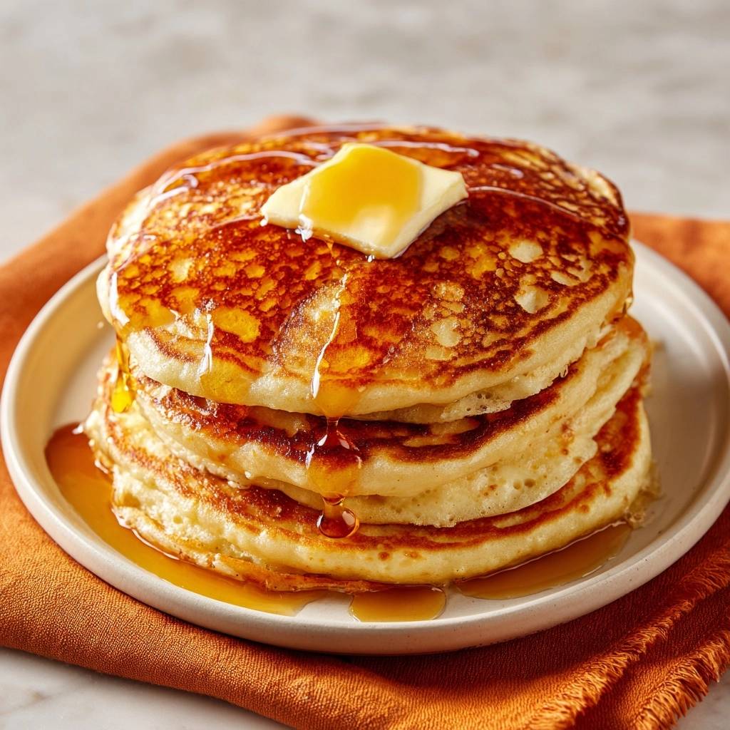 Fluffige Amerikanische Pancakes Mit Butter Und Sirup 1 Fluffige amerikanische Pancakes mit einem Stück Butter und übergossen mit Ahornsirup, serviert auf einem Teller.