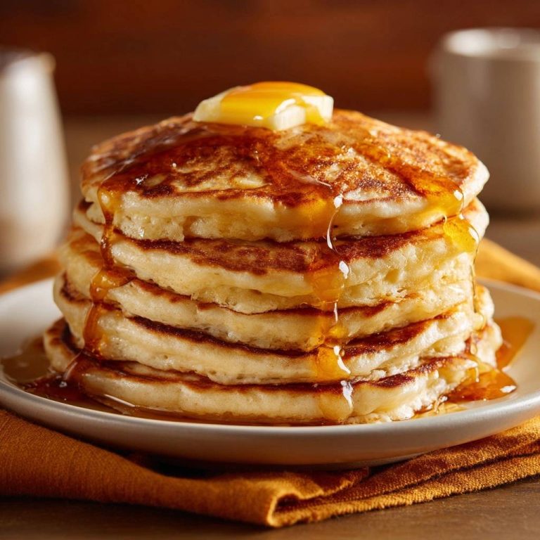 Fluffige amerikanische Pancakes mit Butter und Sirup, gestapelt auf einem Teller und mit goldenem Sirup übergossen.