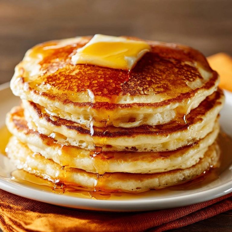 Fluffige amerikanische Pancakes gestapelt mit Butter und Sirup, Nahaufnahme des geschmolzenen Belags und der goldbraunen Oberfläche.